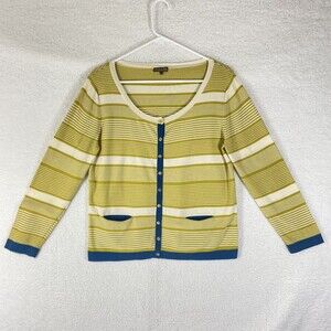 Maliparmi Sweater Womens Large‎ Yellow Striped Cardigan Pockets Lightweight Twee
